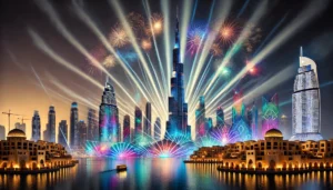 DALL·E 2024-11-08 17.13.21 - A stunning night light show in the UAE, with colorful laser beams, lights, and fireworks illuminating the iconic cityscape. The tall, modern skyscrape